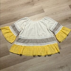 Kaktus Flouncy Peasant Top Lace Block Colors 3/4 Sleeve Sz M
